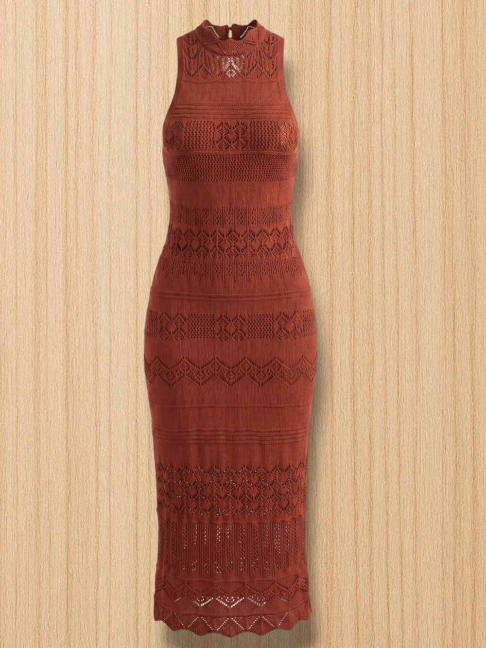 Anthropologie Rust Orange Crochet Knit‎ Mock Neck Maxi Dress L